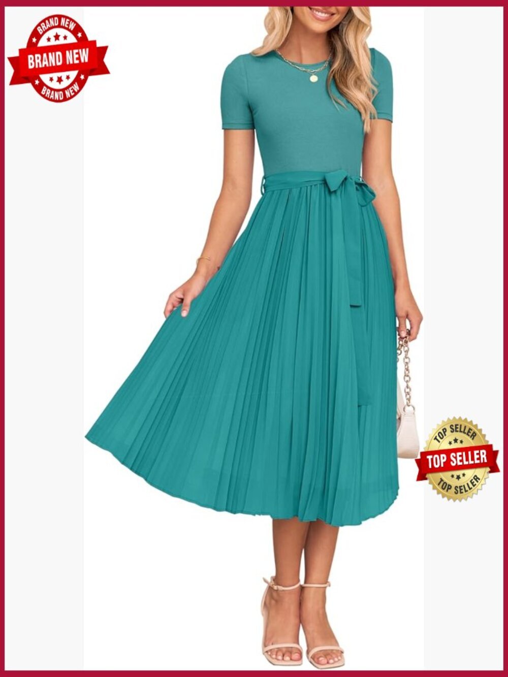 Short Sleeve Midi Dress Crewneck Knit Belted A Line Flowy Wedding Guest Long